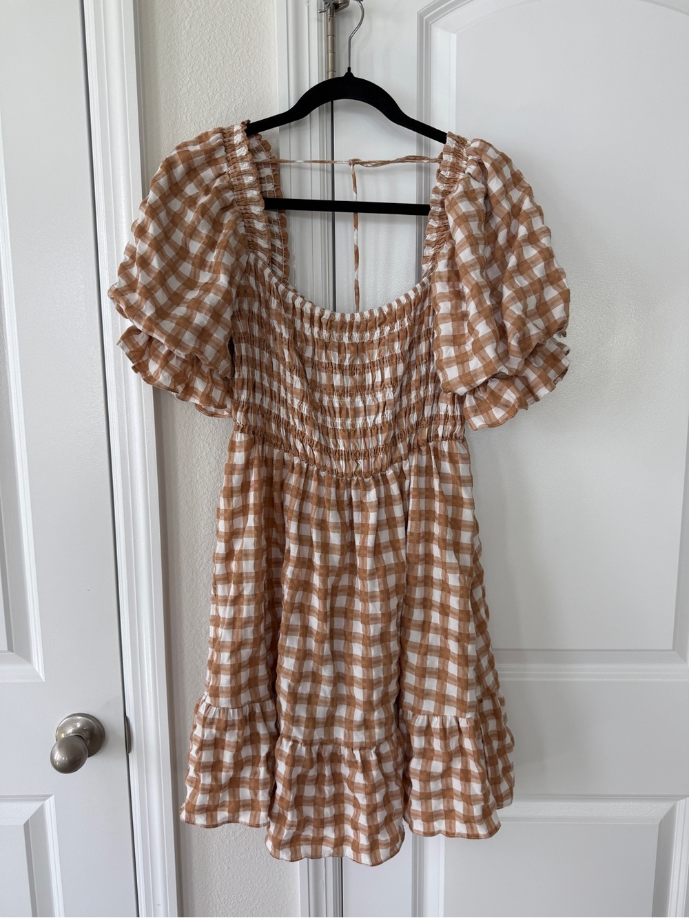 Princess Polly - Smocked Gingham Puff-Sleeve Mini Dress - Tan & White